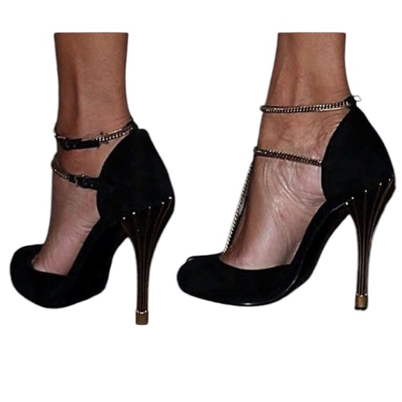 Gucci Mila Gold Chain Ophelie suede leather peeptoe pumps heels Size 38 - Picture 4 of 16